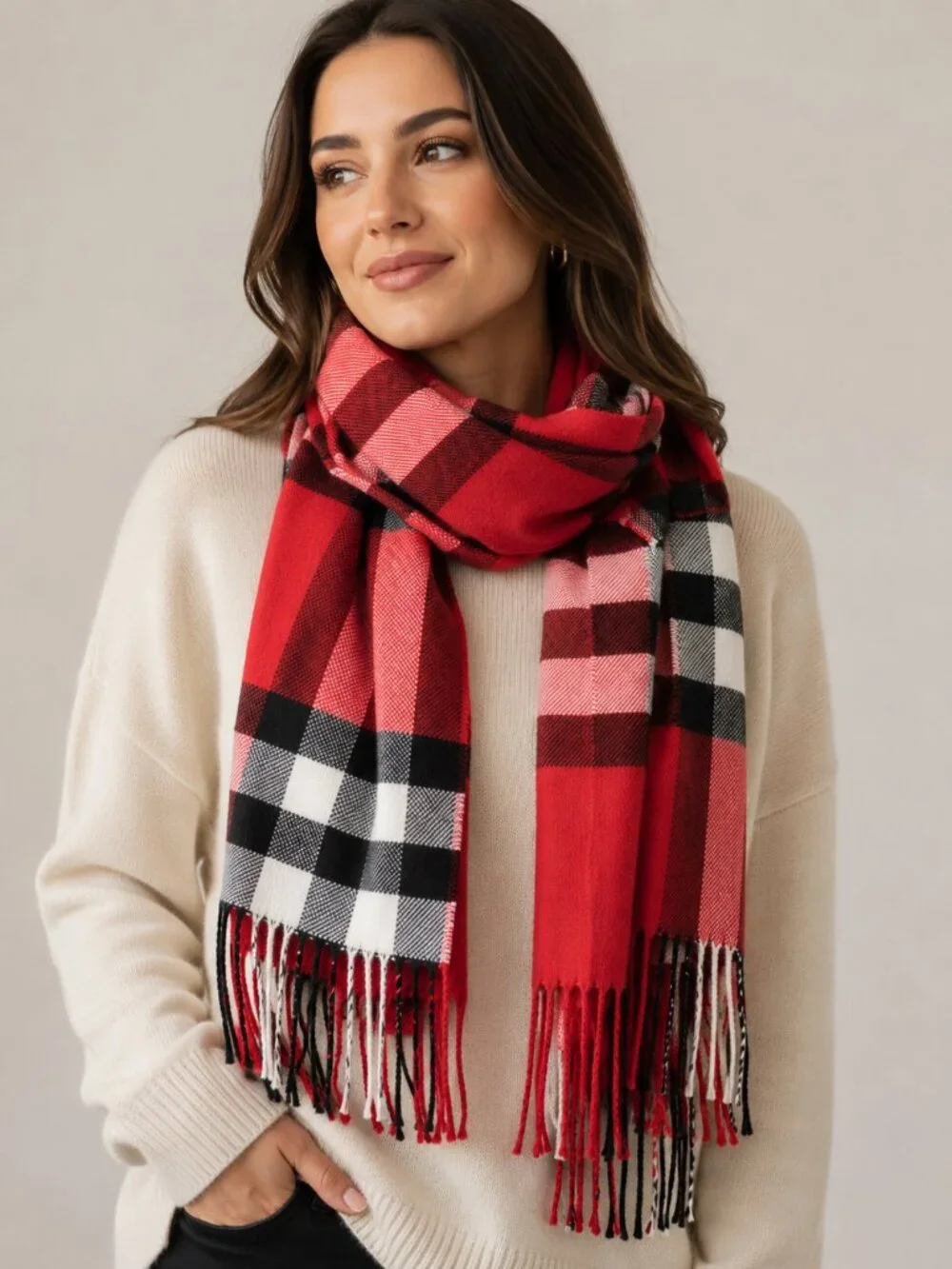 Plaid Cashmere Scarf - Red, charcoal, black, white